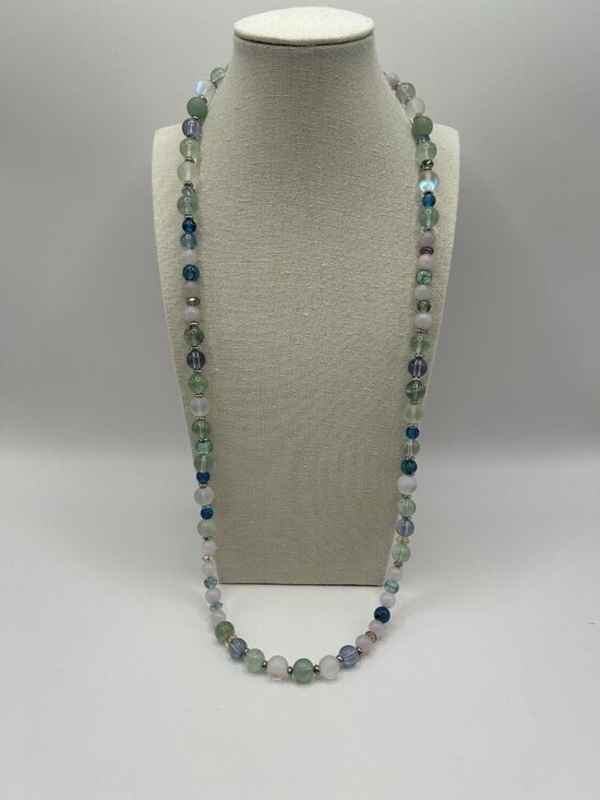 Unbranded Jewelry - Vintage Glass Bead Necklace Pastel Green Blue Pink Long Silver Tone Cottagecore